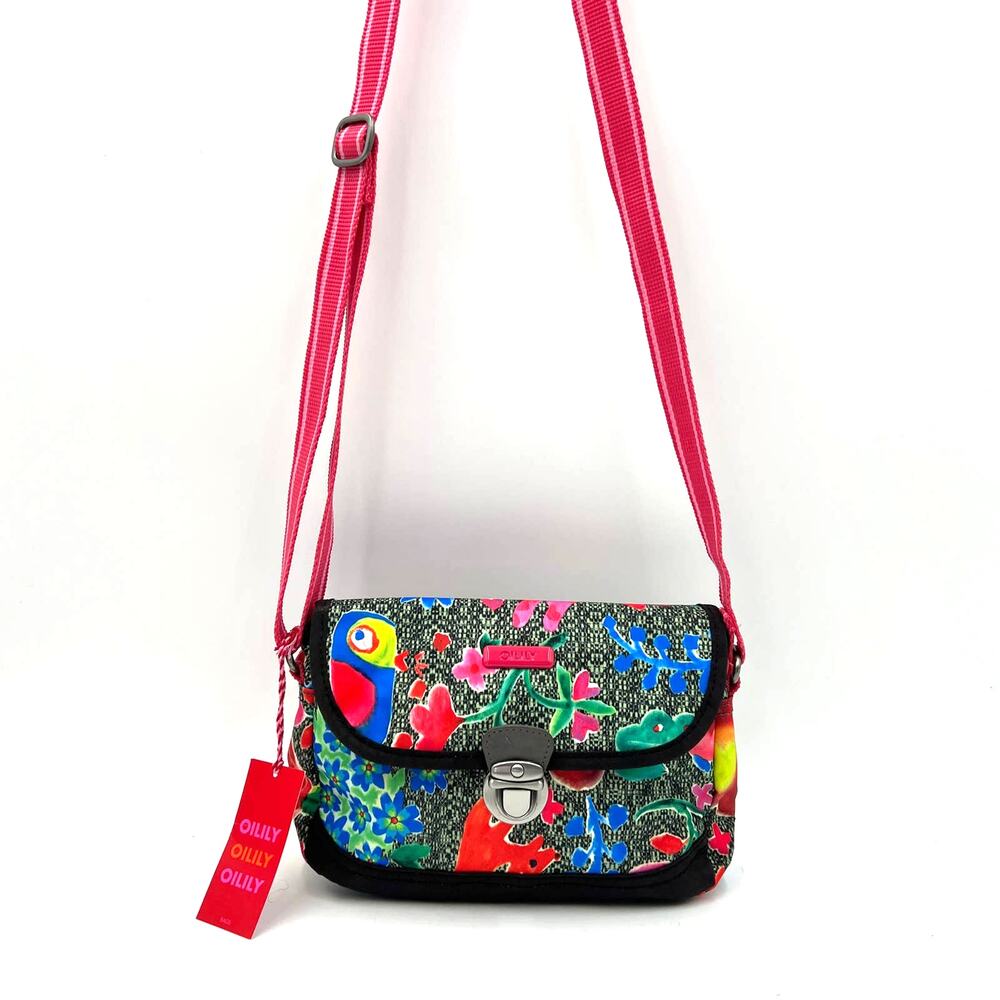 Oilily Small Shoulder Bag Crossbody Floral Print Vegan Colorful Gray Fabric